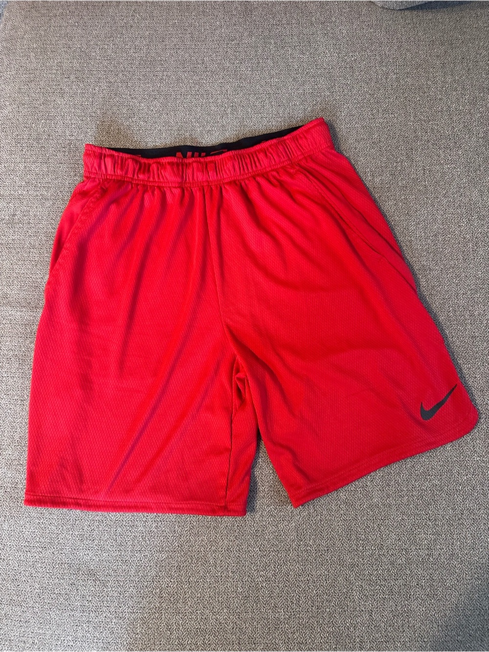 Nike Men’s Red Athletic Training Shorts with Black Swoosh